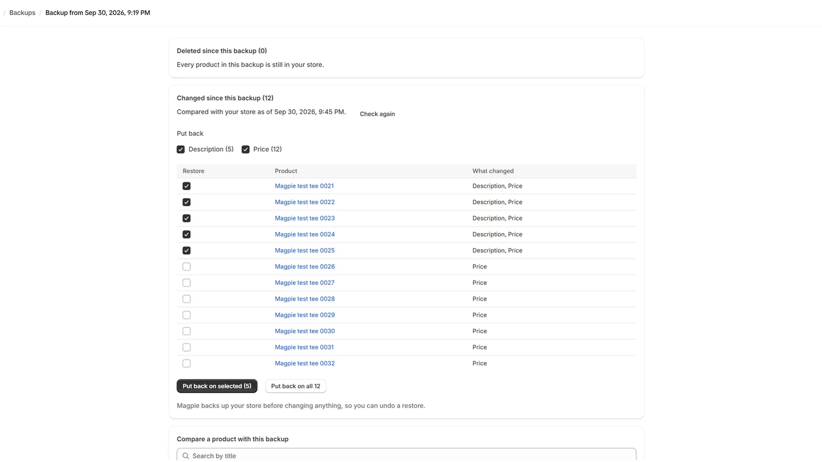 A Magpie backup after a bad import: 12 changed products, what changed on each, five selected to put back.
